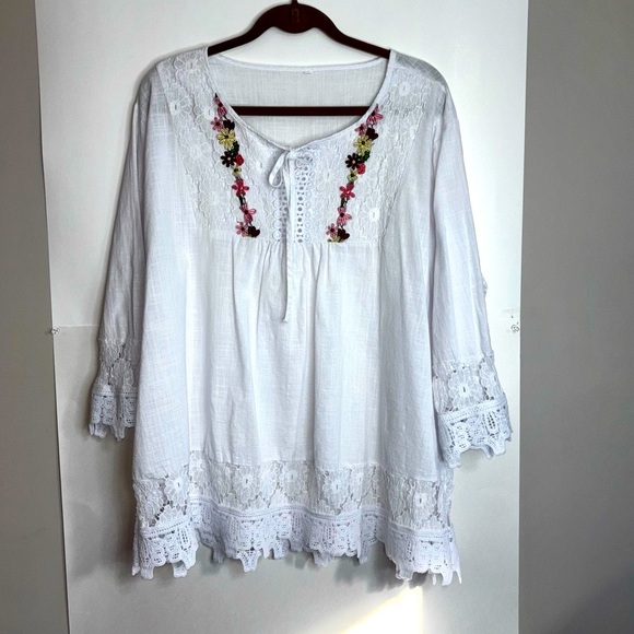 Tops - 5/$25 White Embroidered Lace Trim Top 5XL Boho Bohemian Festival Cottagecore